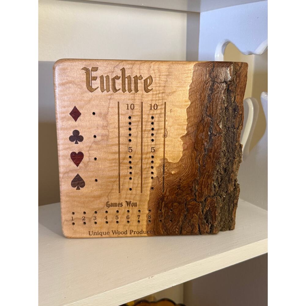 custom live-edge wooden Euchre card game scoring board